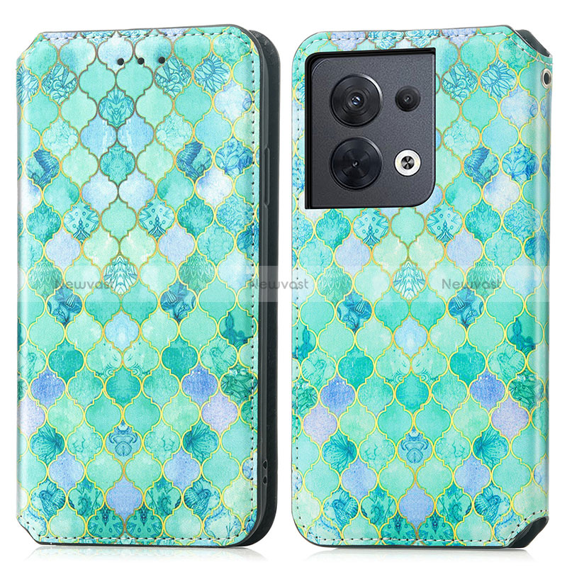 Leather Case Stands Fashionable Pattern Flip Cover Holder S02D for Oppo Reno8 5G Green