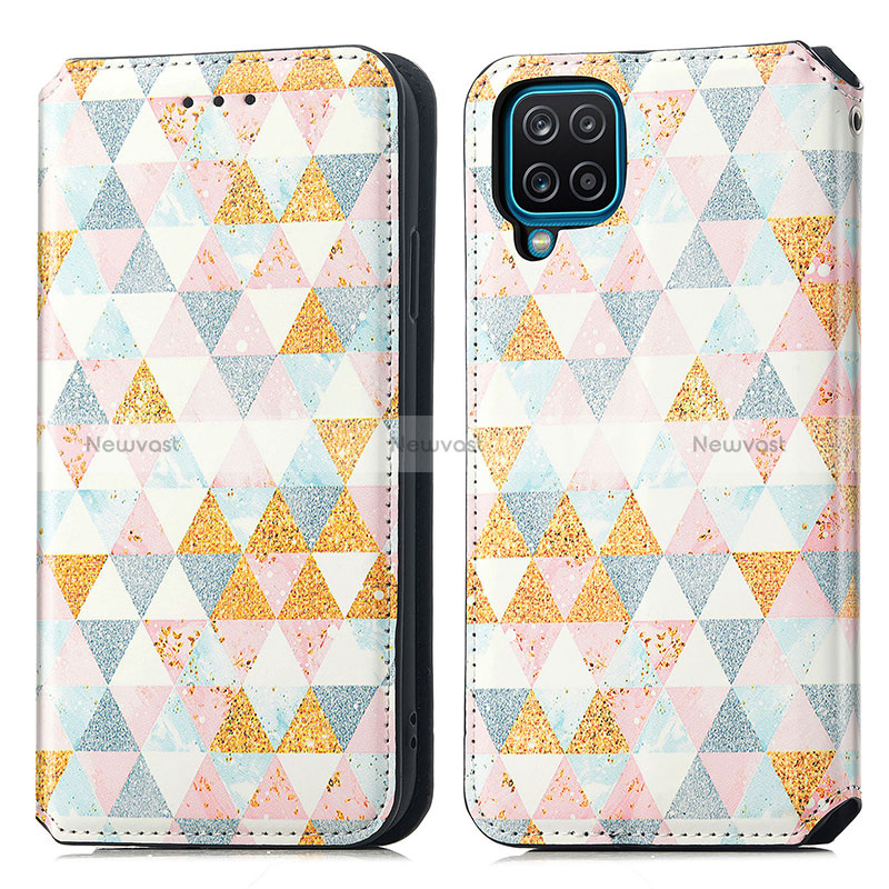 Leather Case Stands Fashionable Pattern Flip Cover Holder S02D for Samsung Galaxy M12 White