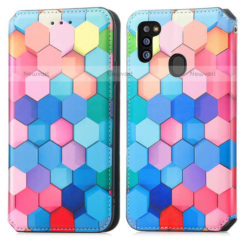 Leather Case Stands Fashionable Pattern Flip Cover Holder S02D for Samsung Galaxy M21 Colorful