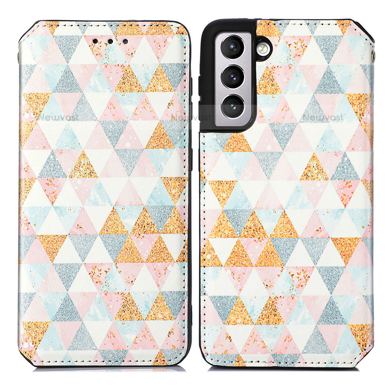 Leather Case Stands Fashionable Pattern Flip Cover Holder S02D for Samsung Galaxy S21 5G White