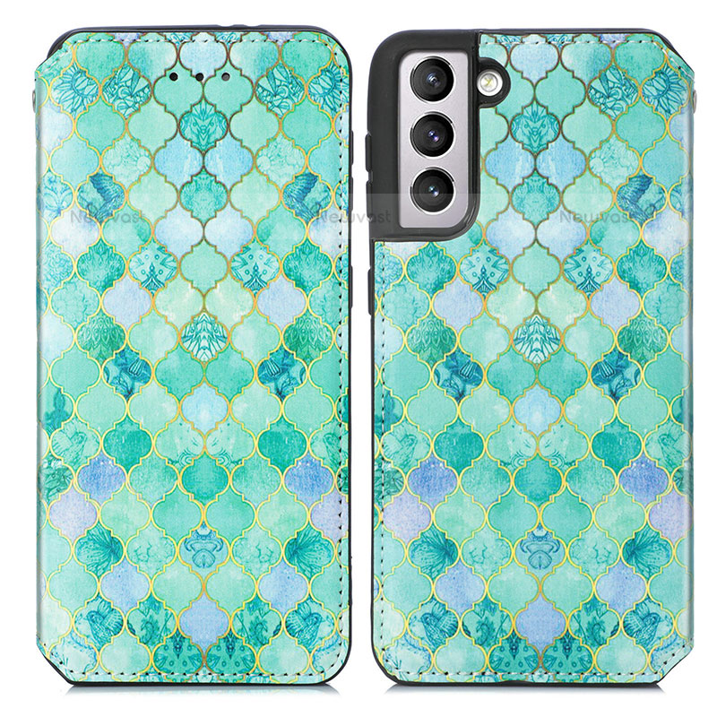 Leather Case Stands Fashionable Pattern Flip Cover Holder S02D for Samsung Galaxy S22 5G Green