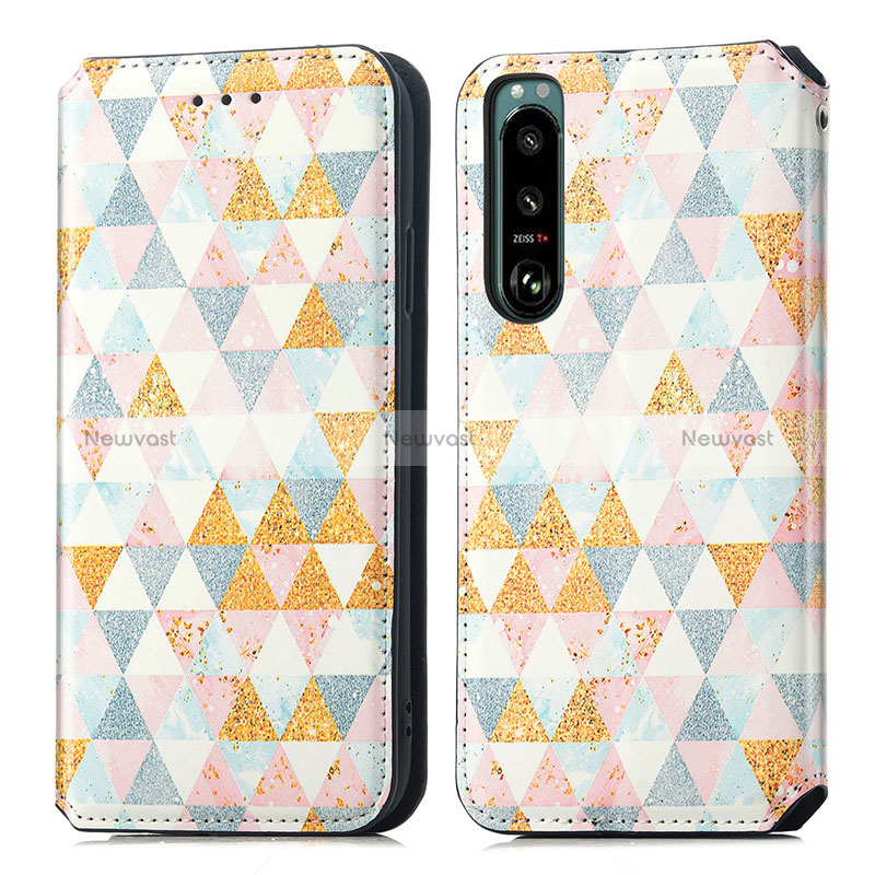 Leather Case Stands Fashionable Pattern Flip Cover Holder S02D for Sony Xperia 5 III White
