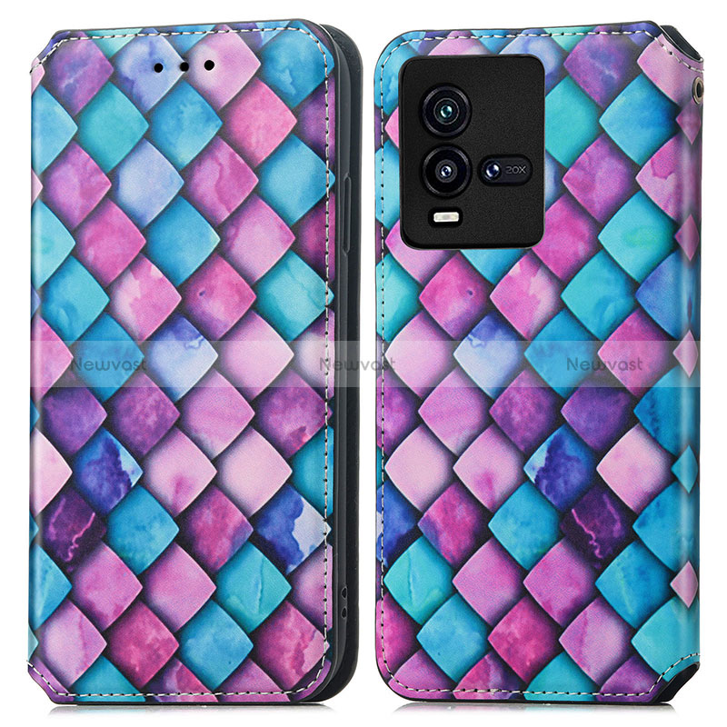 Leather Case Stands Fashionable Pattern Flip Cover Holder S02D for Vivo iQOO 10 5G Purple
