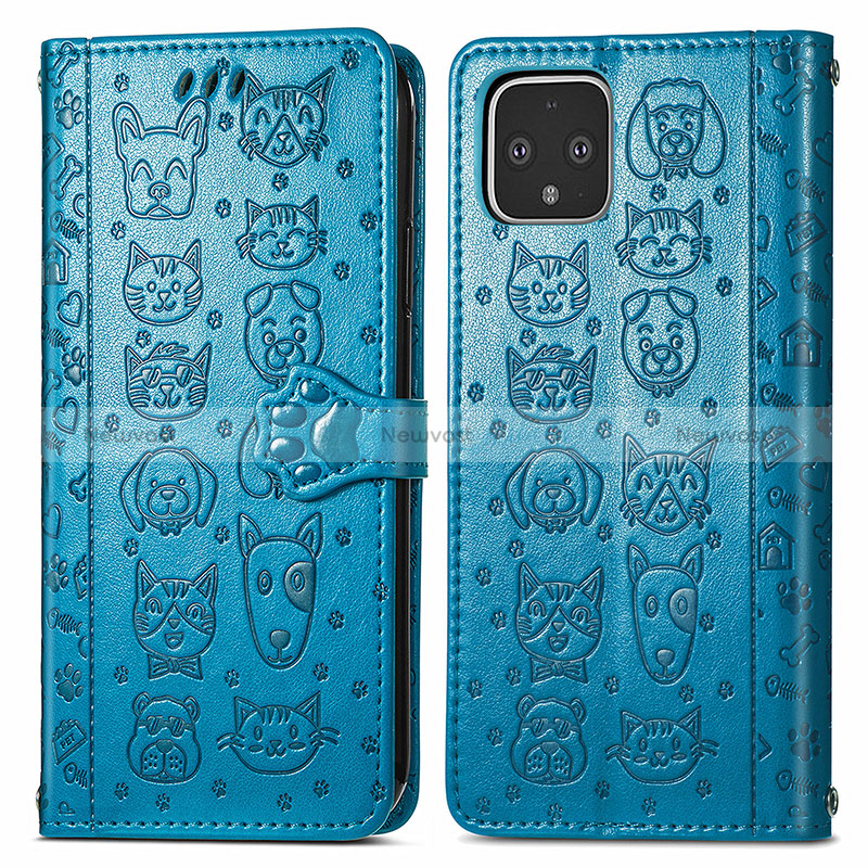 Leather Case Stands Fashionable Pattern Flip Cover Holder S03D for Google Pixel 4 Blue