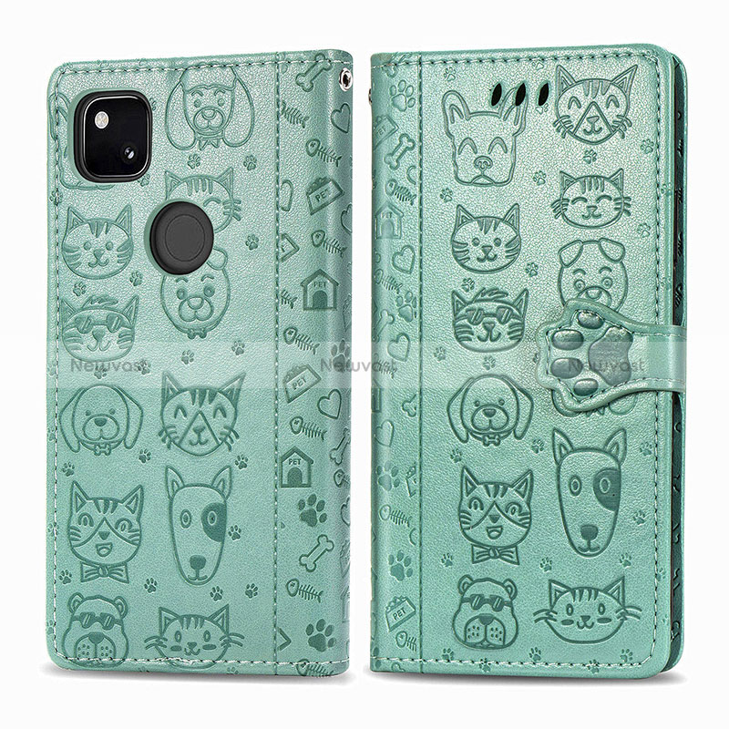 Leather Case Stands Fashionable Pattern Flip Cover Holder S03D for Google Pixel 4a Green
