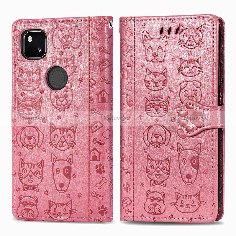 Leather Case Stands Fashionable Pattern Flip Cover Holder S03D for Google Pixel 4a Pink
