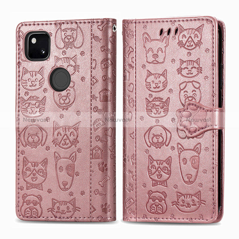 Leather Case Stands Fashionable Pattern Flip Cover Holder S03D for Google Pixel 4a Rose Gold