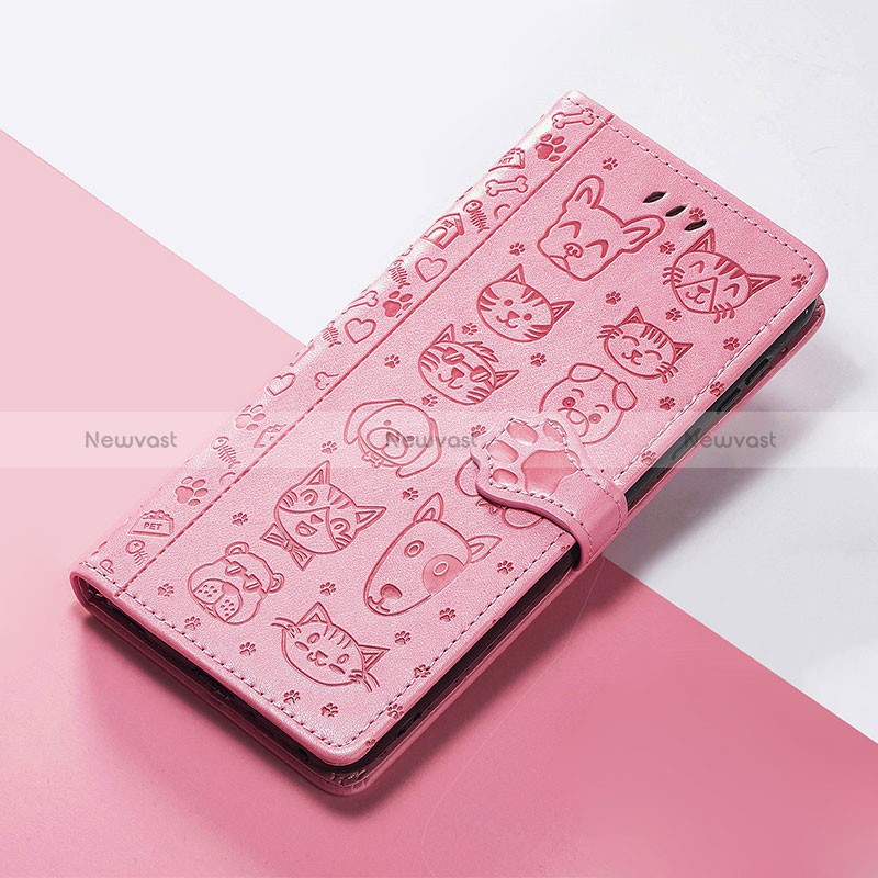 Leather Case Stands Fashionable Pattern Flip Cover Holder S03D for Google Pixel 5 XL 5G Pink
