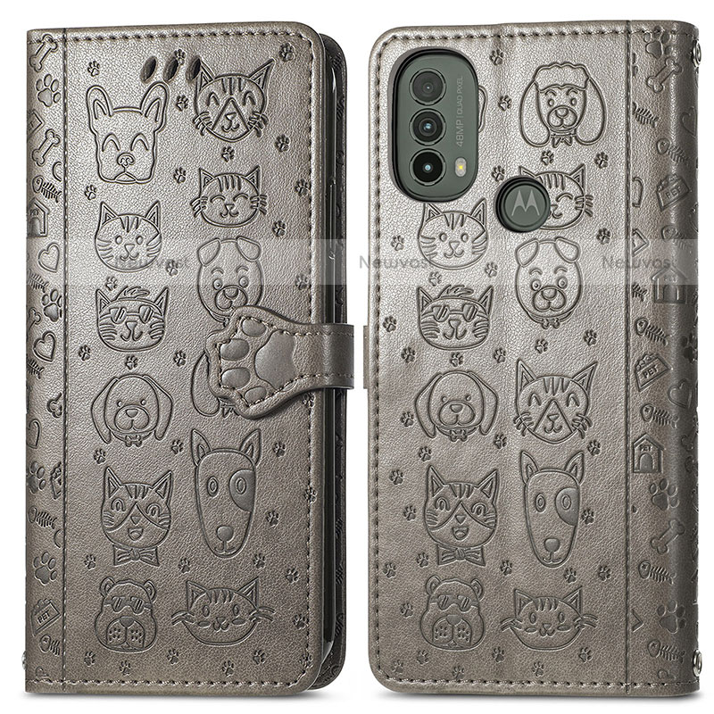 Leather Case Stands Fashionable Pattern Flip Cover Holder S03D for Motorola Moto E40 Gray