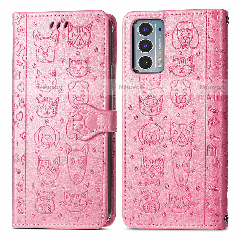 Leather Case Stands Fashionable Pattern Flip Cover Holder S03D for Motorola Moto Edge 20 5G Pink