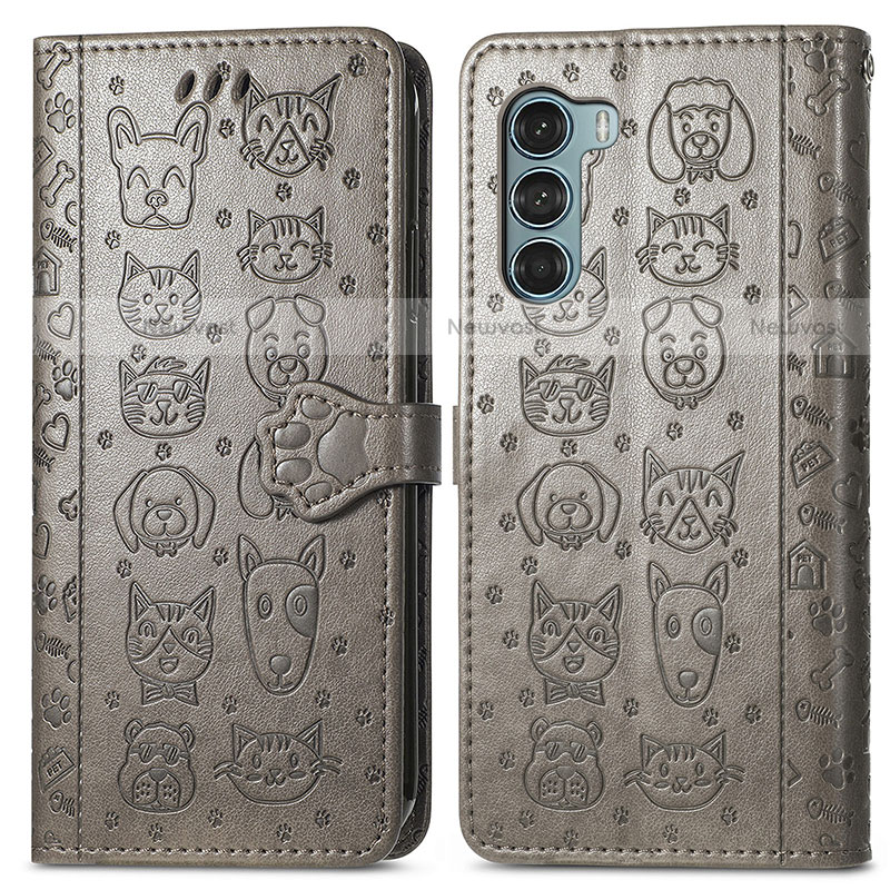 Leather Case Stands Fashionable Pattern Flip Cover Holder S03D for Motorola Moto G200 5G Gray