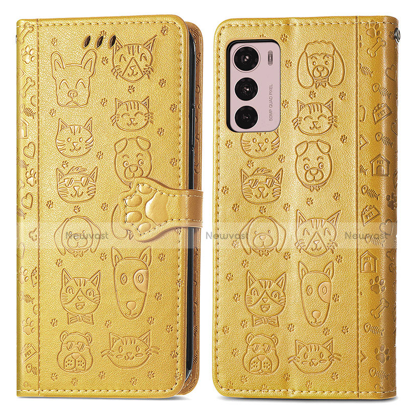 Leather Case Stands Fashionable Pattern Flip Cover Holder S03D for Motorola Moto G42 Yellow