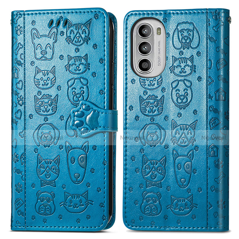 Leather Case Stands Fashionable Pattern Flip Cover Holder S03D for Motorola MOTO G52 Blue