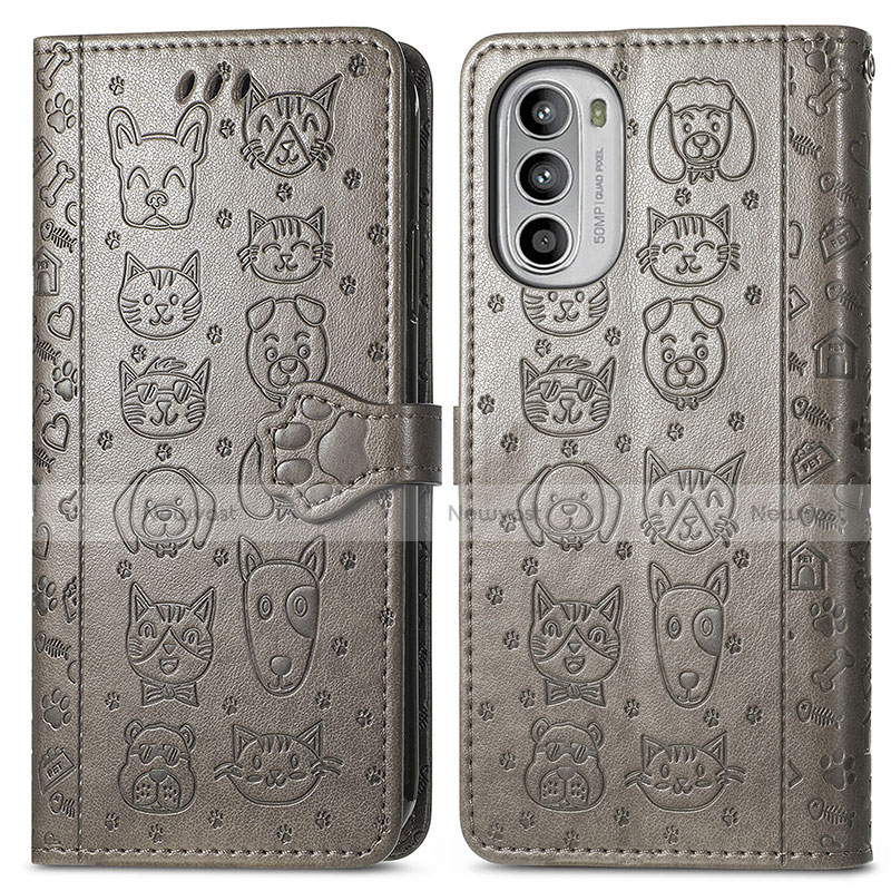 Leather Case Stands Fashionable Pattern Flip Cover Holder S03D for Motorola MOTO G52 Gray