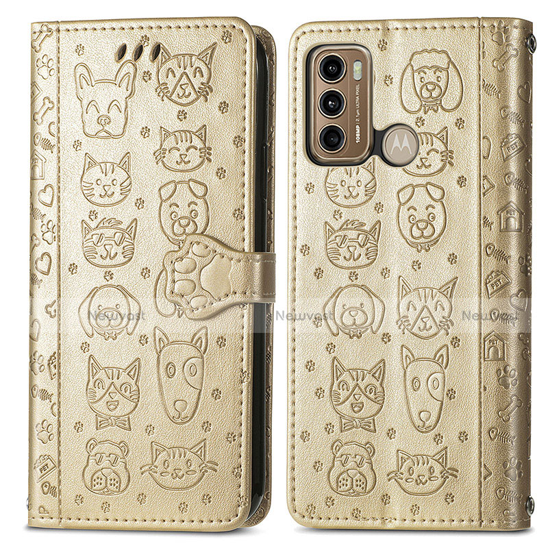 Leather Case Stands Fashionable Pattern Flip Cover Holder S03D for Motorola Moto G60 Gold