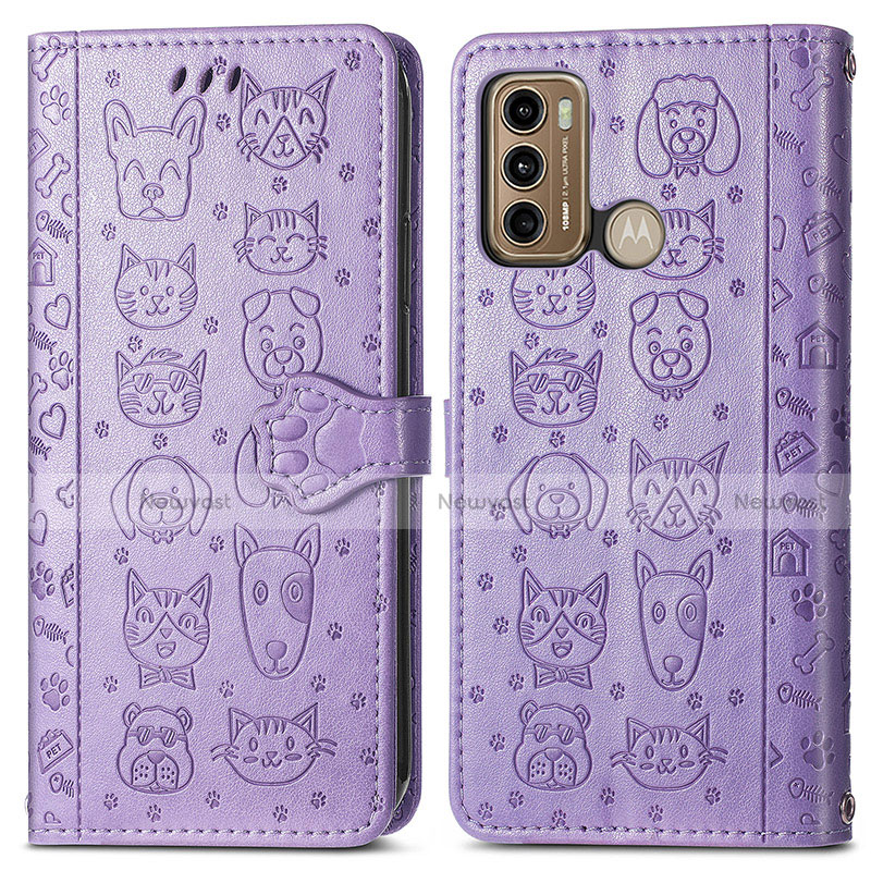 Leather Case Stands Fashionable Pattern Flip Cover Holder S03D for Motorola Moto G60 Purple