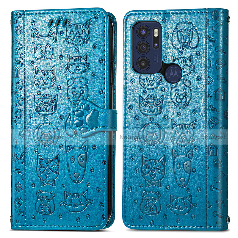 Leather Case Stands Fashionable Pattern Flip Cover Holder S03D for Motorola Moto G60s Blue