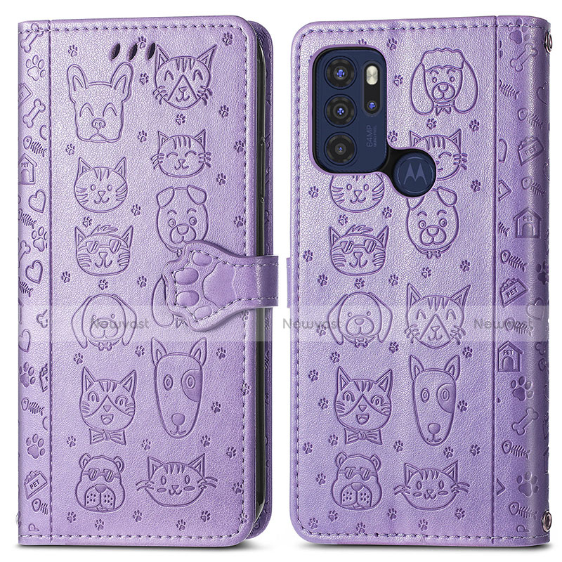 Leather Case Stands Fashionable Pattern Flip Cover Holder S03D for Motorola Moto G60s Purple
