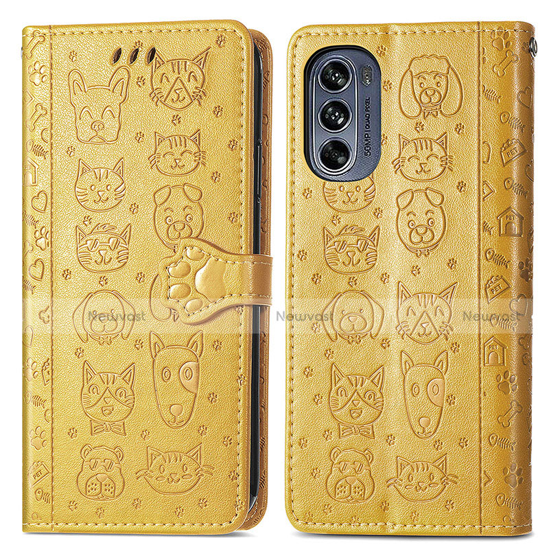 Leather Case Stands Fashionable Pattern Flip Cover Holder S03D for Motorola Moto G62 5G Yellow
