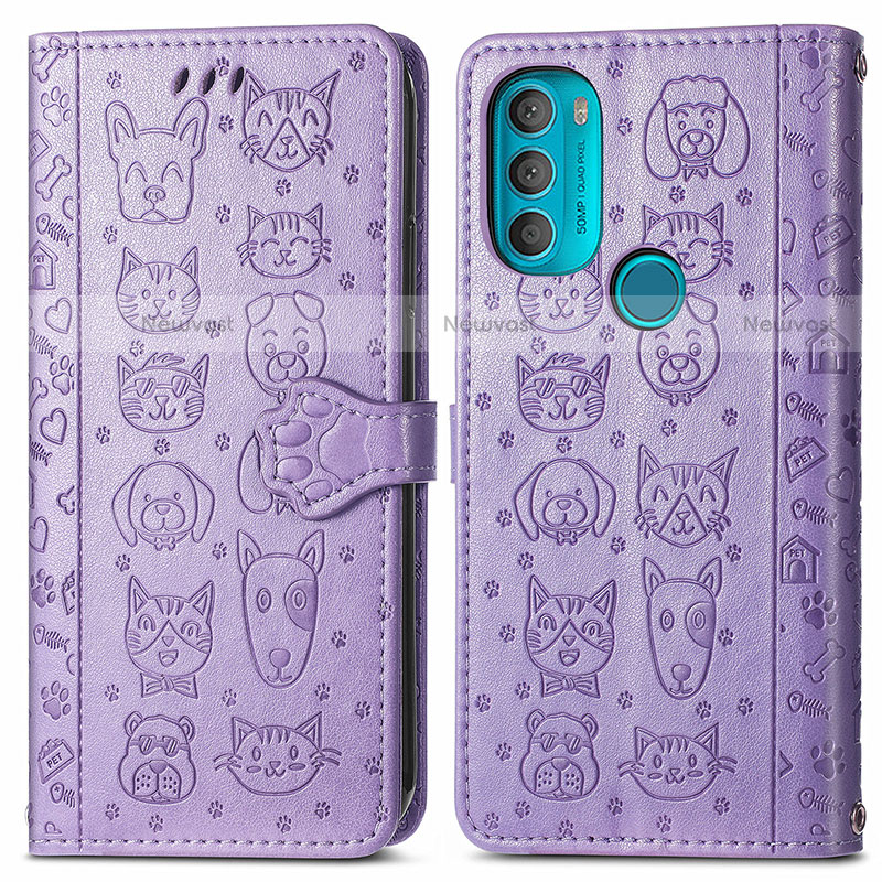 Leather Case Stands Fashionable Pattern Flip Cover Holder S03D for Motorola Moto G71 5G Purple