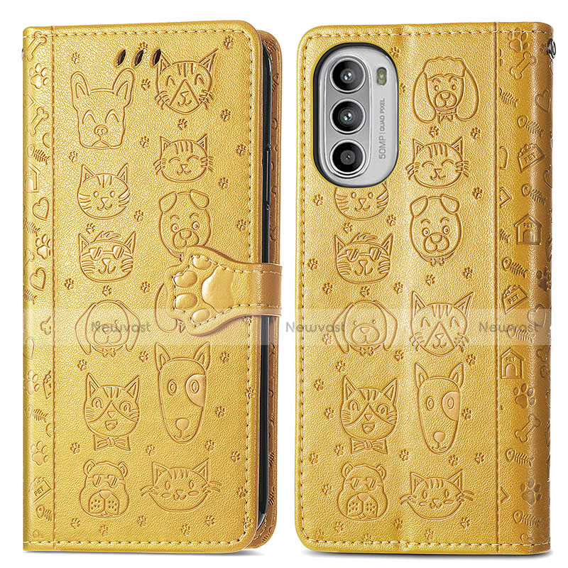 Leather Case Stands Fashionable Pattern Flip Cover Holder S03D for Motorola Moto G71s 5G Yellow