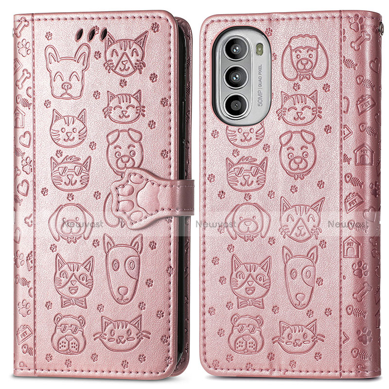 Leather Case Stands Fashionable Pattern Flip Cover Holder S03D for Motorola Moto G82 5G Rose Gold