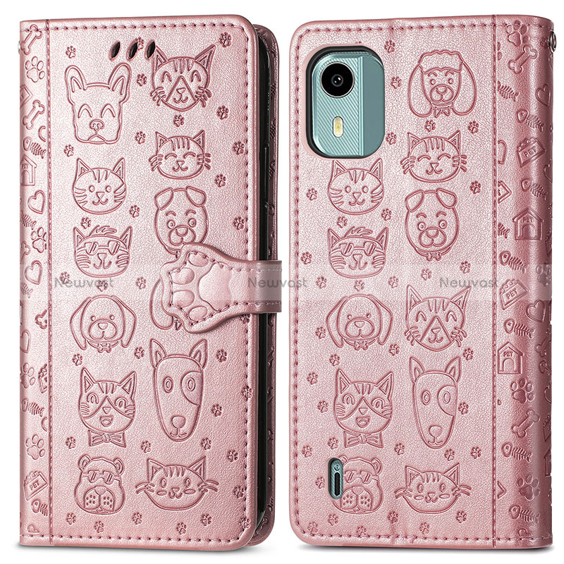 Leather Case Stands Fashionable Pattern Flip Cover Holder S03D for Nokia C12 Rose Gold