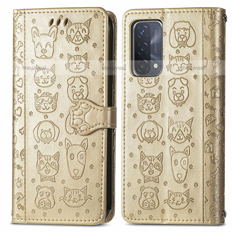 Leather Case Stands Fashionable Pattern Flip Cover Holder S03D for OnePlus Nord N200 5G Gold