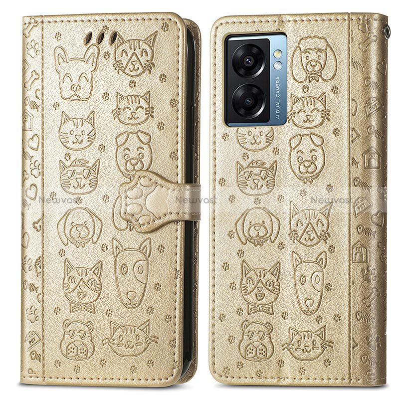 Leather Case Stands Fashionable Pattern Flip Cover Holder S03D for Oppo A56S 5G Gold