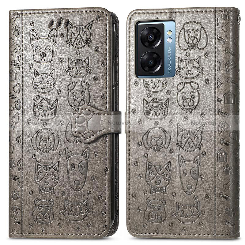 Leather Case Stands Fashionable Pattern Flip Cover Holder S03D for Oppo A56S 5G Gray