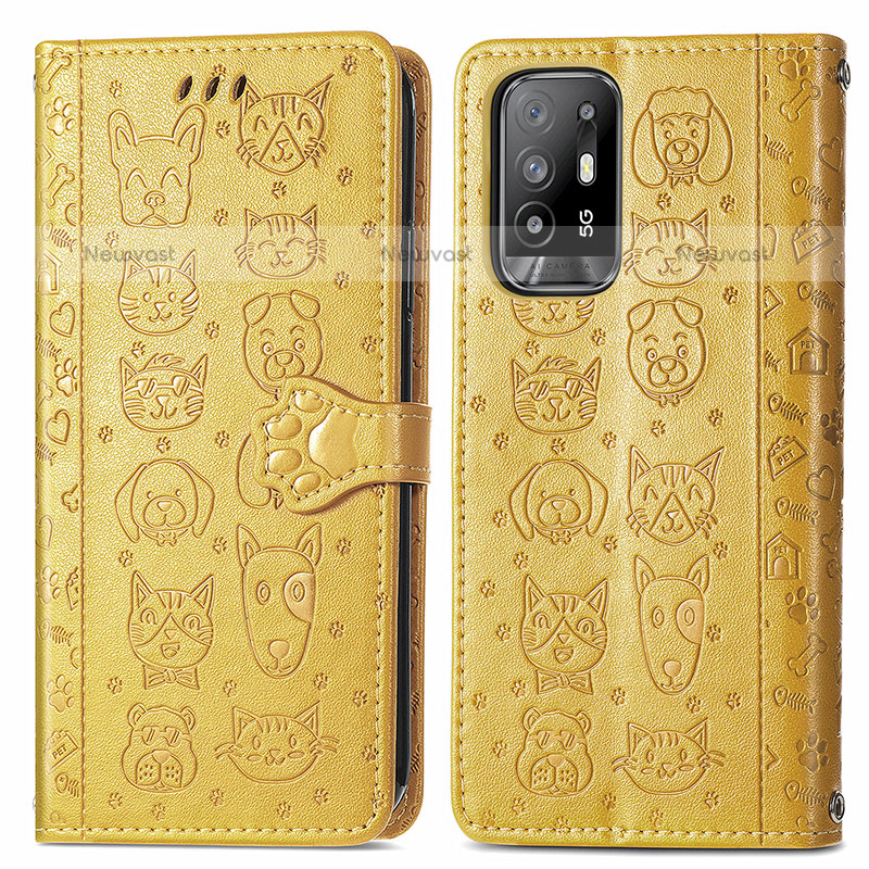 Leather Case Stands Fashionable Pattern Flip Cover Holder S03D for Oppo F19 Pro+ Plus 5G Yellow