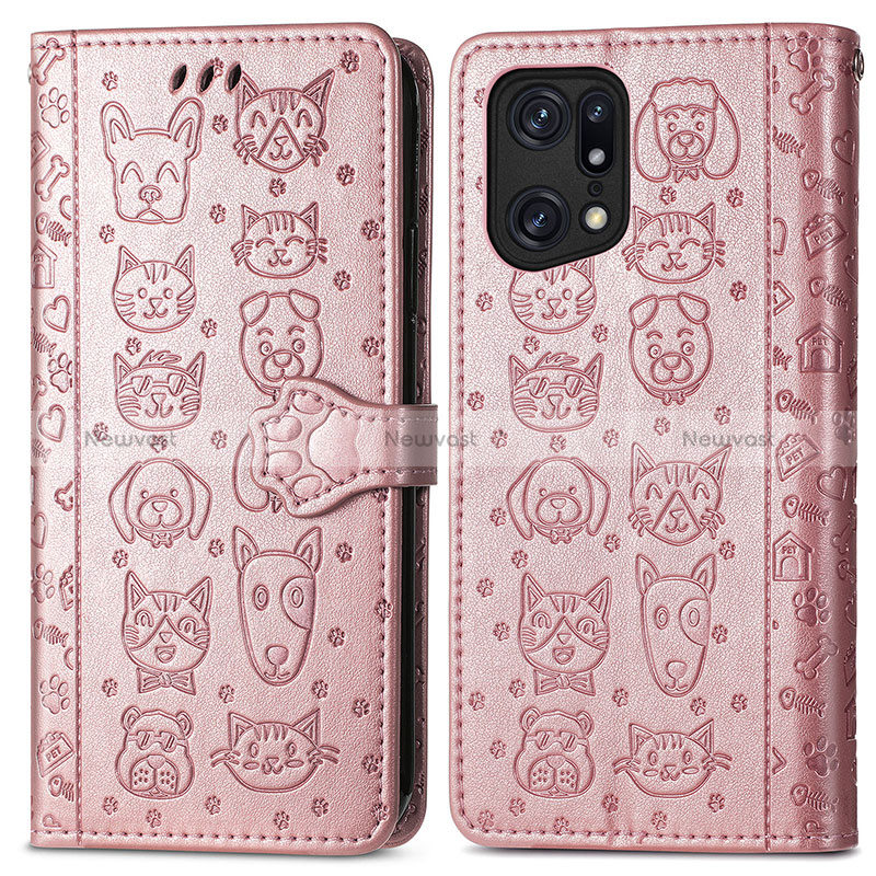 Leather Case Stands Fashionable Pattern Flip Cover Holder S03D for Oppo Find X5 5G Rose Gold