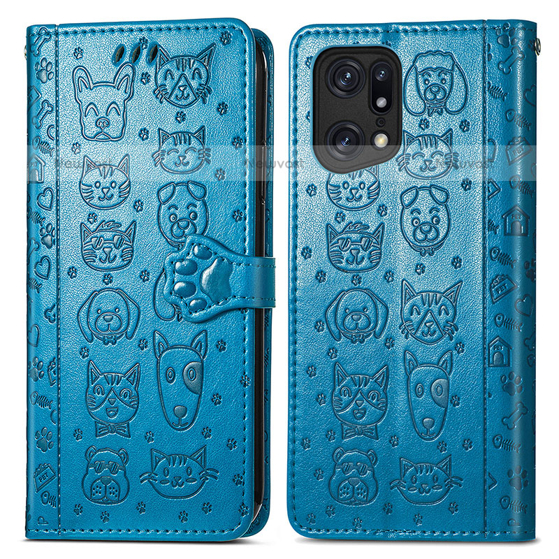 Leather Case Stands Fashionable Pattern Flip Cover Holder S03D for Oppo Find X5 Pro 5G Blue