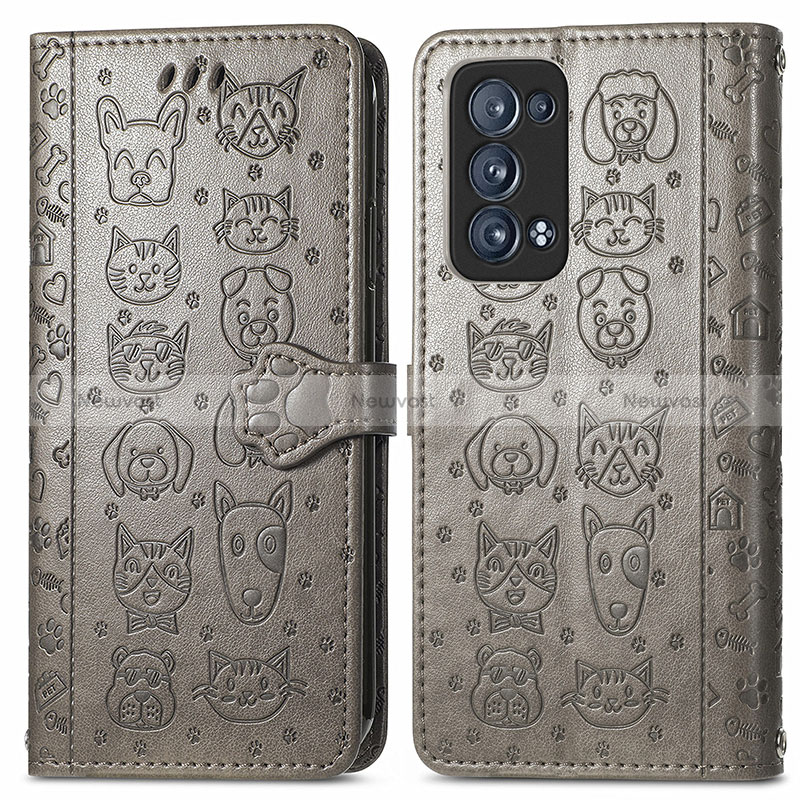 Leather Case Stands Fashionable Pattern Flip Cover Holder S03D for Oppo Reno6 Pro 5G Gray