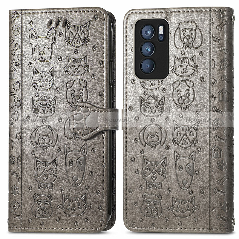 Leather Case Stands Fashionable Pattern Flip Cover Holder S03D for Oppo Reno6 Pro 5G India Gray