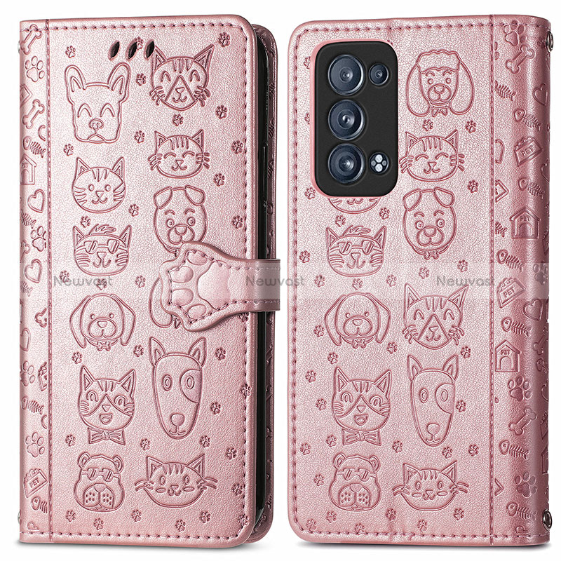 Leather Case Stands Fashionable Pattern Flip Cover Holder S03D for Oppo Reno6 Pro+ Plus 5G Rose Gold