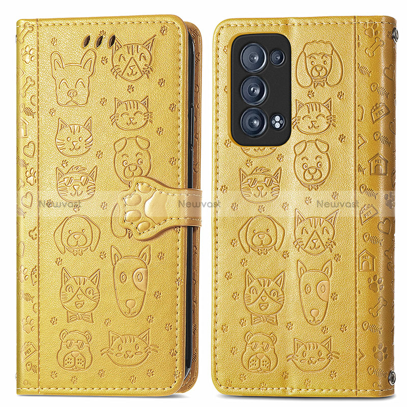 Leather Case Stands Fashionable Pattern Flip Cover Holder S03D for Oppo Reno6 Pro+ Plus 5G Yellow