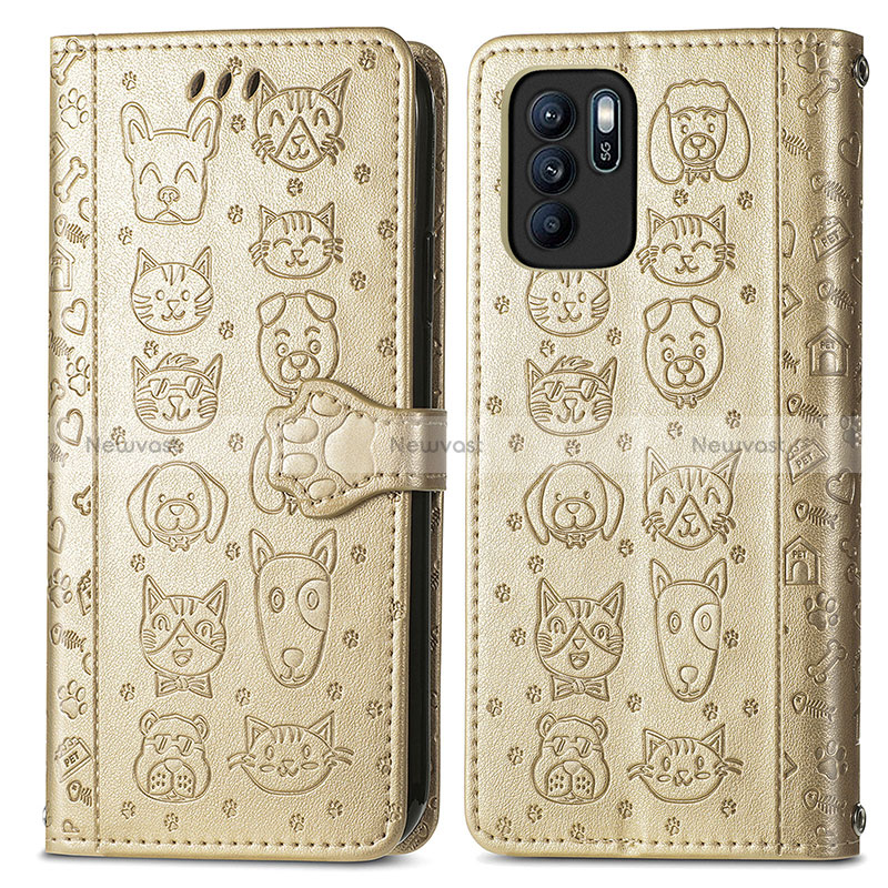 Leather Case Stands Fashionable Pattern Flip Cover Holder S03D for Oppo Reno6 Z 5G Gold