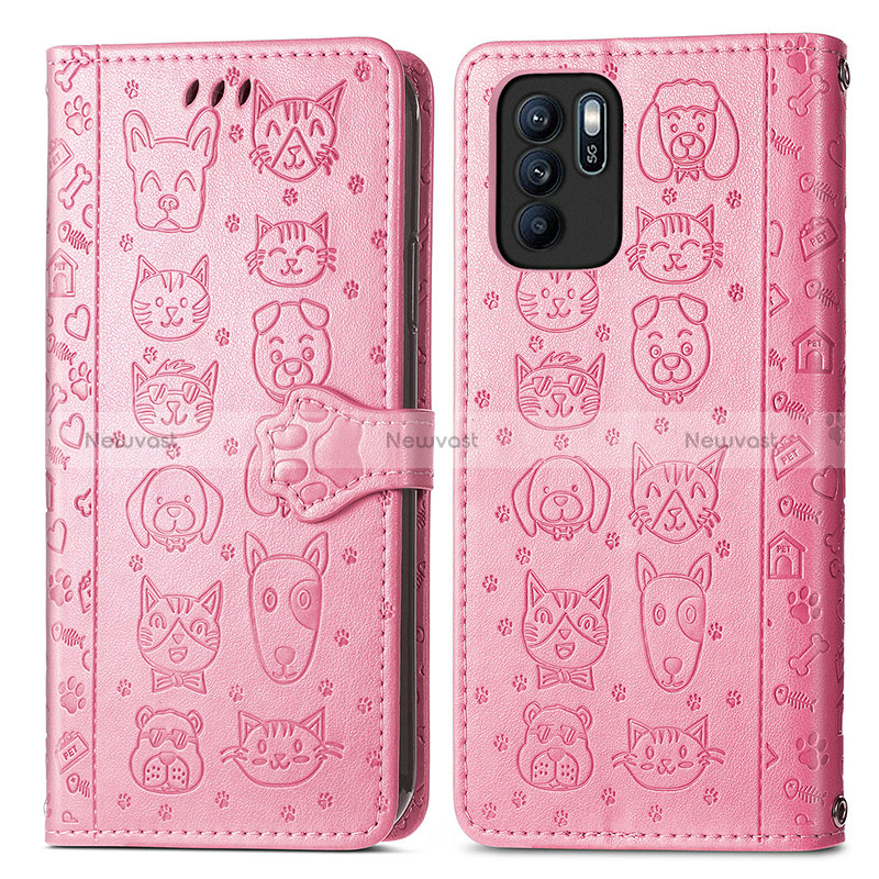 Leather Case Stands Fashionable Pattern Flip Cover Holder S03D for Oppo Reno6 Z 5G Pink