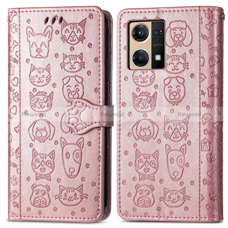 Leather Case Stands Fashionable Pattern Flip Cover Holder S03D for Oppo Reno7 4G Rose Gold