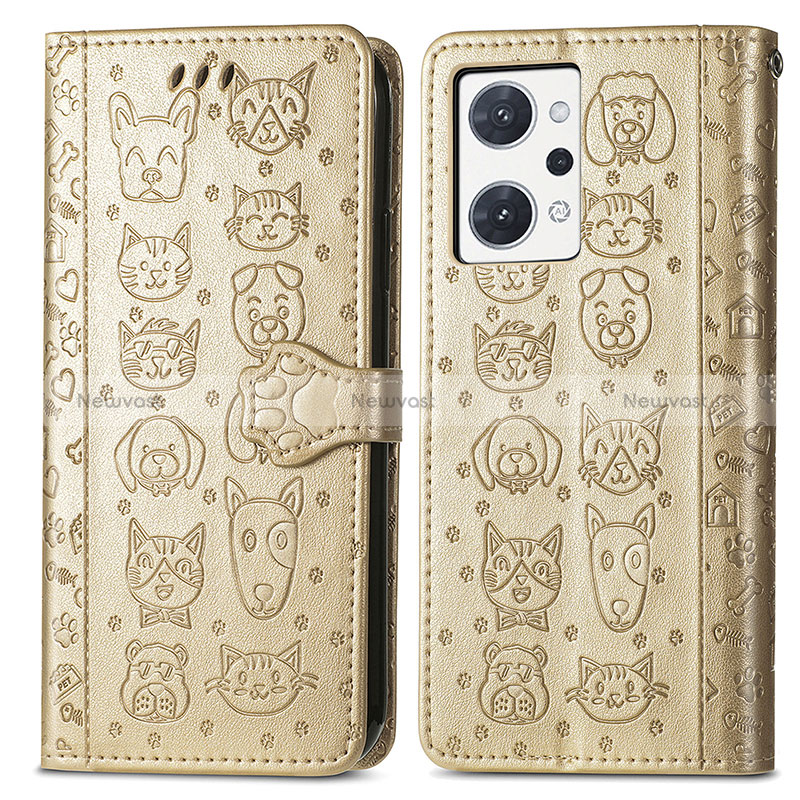 Leather Case Stands Fashionable Pattern Flip Cover Holder S03D for Oppo Reno7 A Gold
