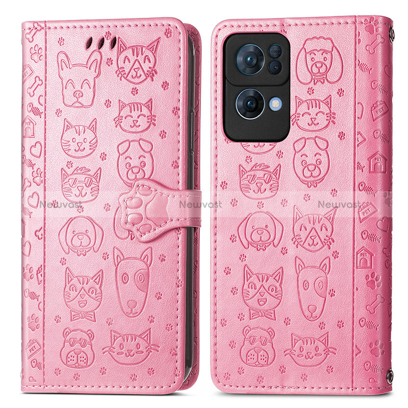 Leather Case Stands Fashionable Pattern Flip Cover Holder S03D for Oppo Reno7 Pro 5G Pink