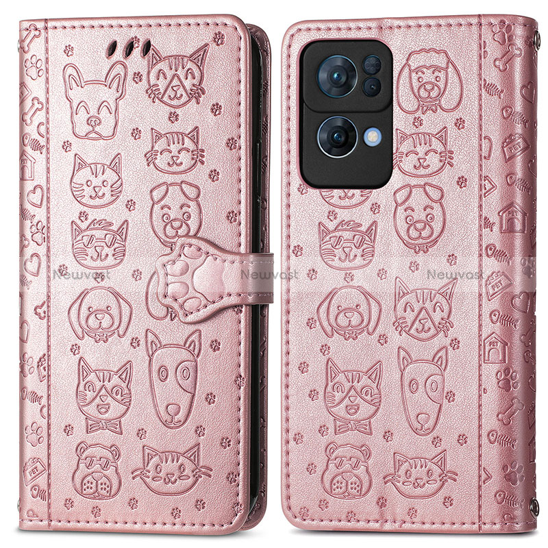 Leather Case Stands Fashionable Pattern Flip Cover Holder S03D for Oppo Reno7 Pro 5G Rose Gold
