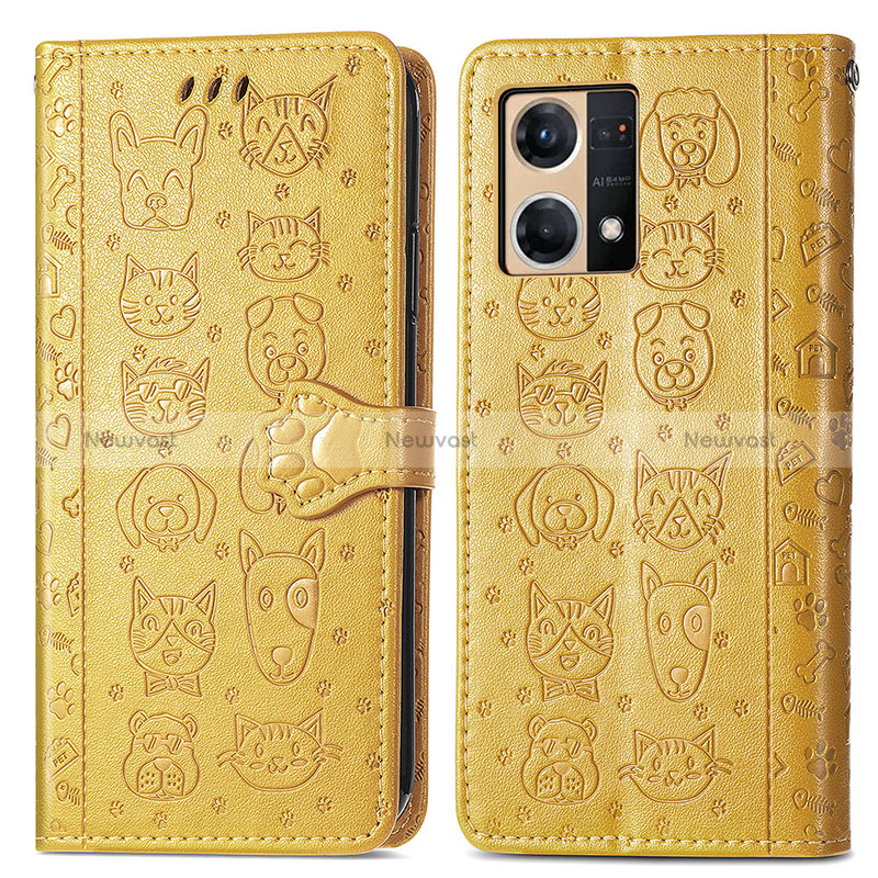 Leather Case Stands Fashionable Pattern Flip Cover Holder S03D for Oppo Reno8 4G Yellow