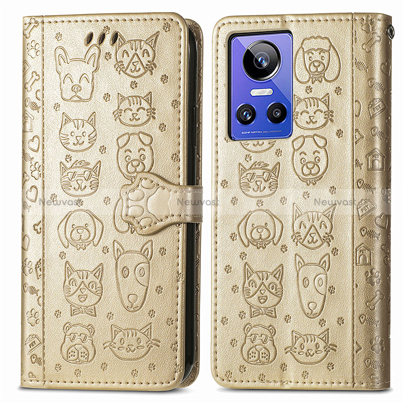 Leather Case Stands Fashionable Pattern Flip Cover Holder S03D for Realme GT Neo3 5G Gold