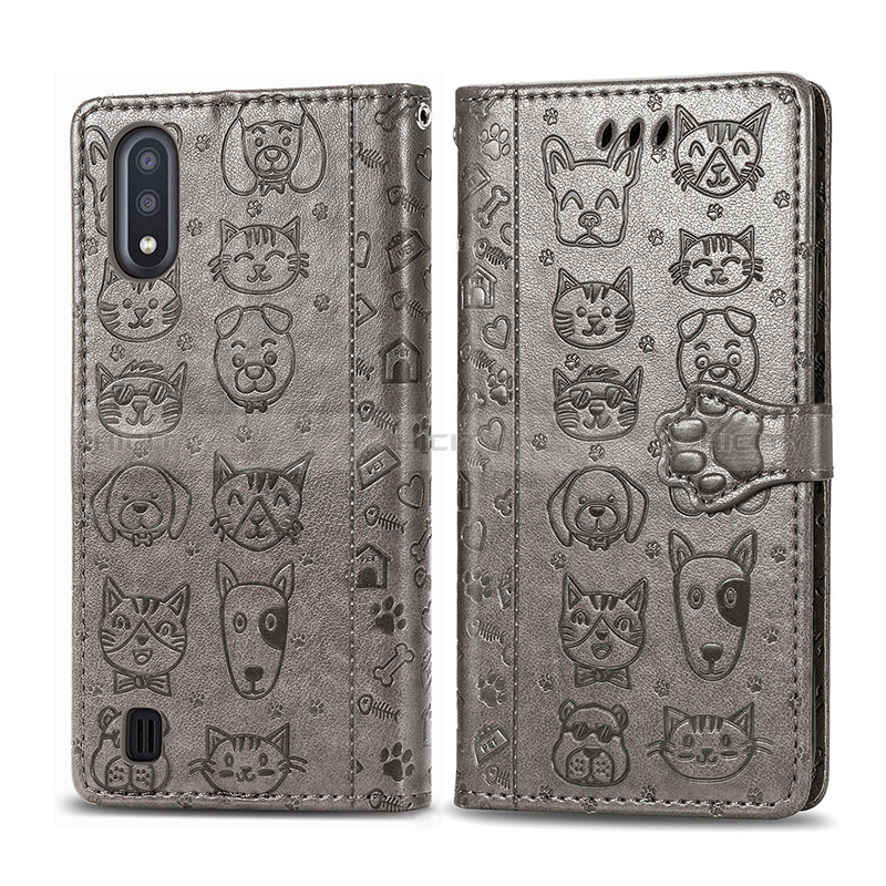 Leather Case Stands Fashionable Pattern Flip Cover Holder S03D for Samsung Galaxy A01 SM-A015 Gray