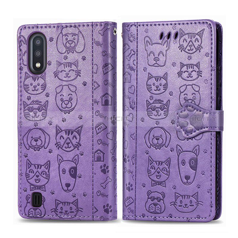Leather Case Stands Fashionable Pattern Flip Cover Holder S03D for Samsung Galaxy A01 SM-A015 Purple