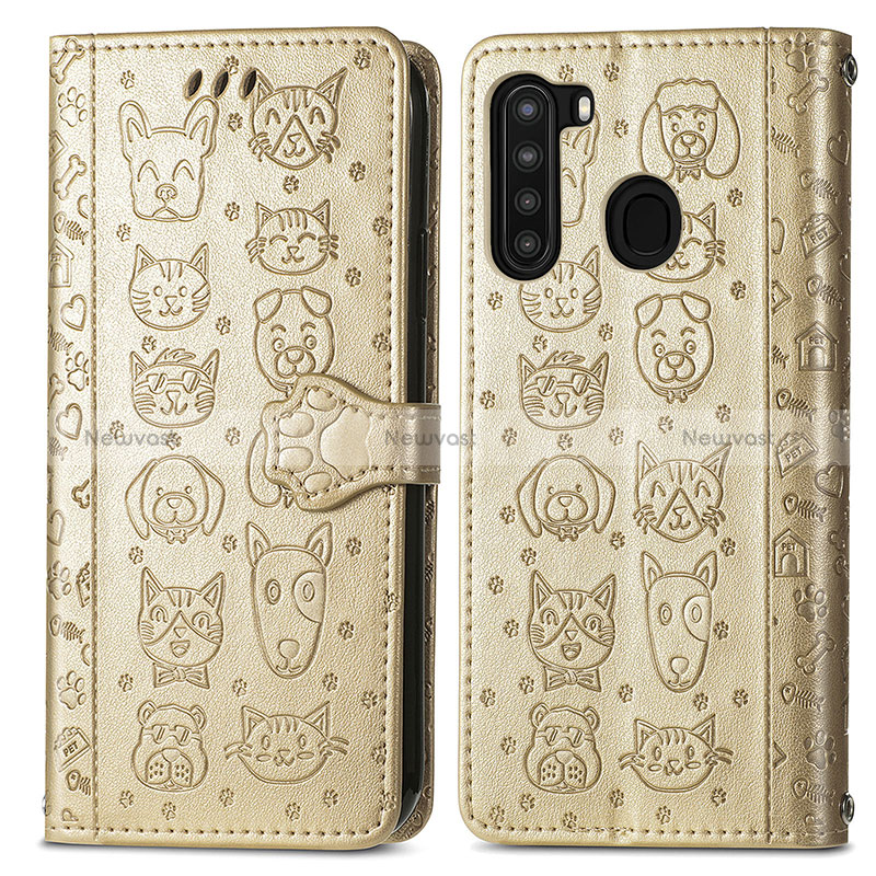 Leather Case Stands Fashionable Pattern Flip Cover Holder S03D for Samsung Galaxy A21 Gold