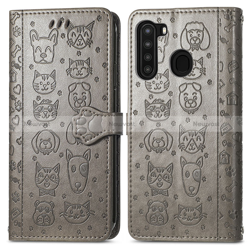 Leather Case Stands Fashionable Pattern Flip Cover Holder S03D for Samsung Galaxy A21 Gray