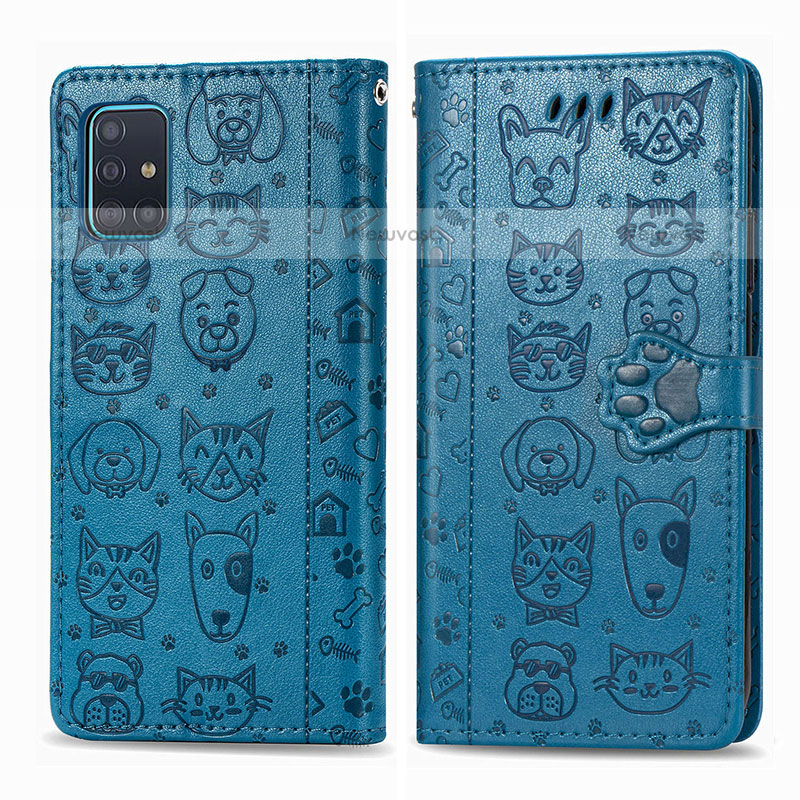 Leather Case Stands Fashionable Pattern Flip Cover Holder S03D for Samsung Galaxy A51 4G Blue